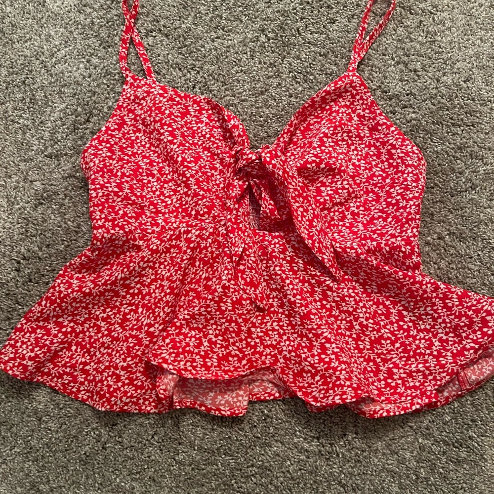 SHEIN Red and White Peplum Tie Front Camisole